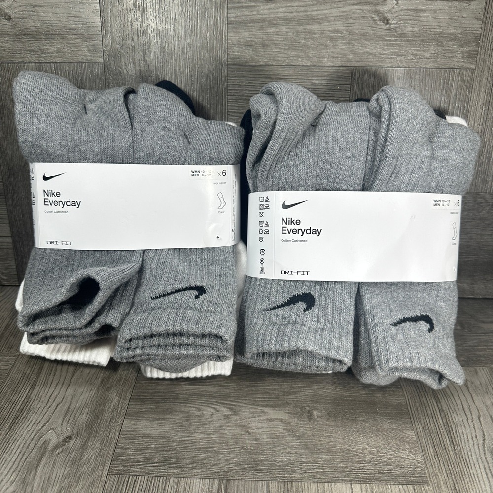 Nike Everyday Cushion Crew Socks Mens 8-12 Gray White, Black 12 Pairs NEW